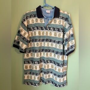 Vintage Bugle Boy Co Botanical Polo Shirt Multi Colored Blue Leaves Boho L XL